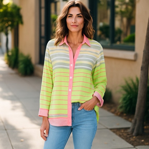 Davi & Dani Striped Button Down Shirt Long Sleeve Neon Pink Green Top -size M - Picture 1 of 14